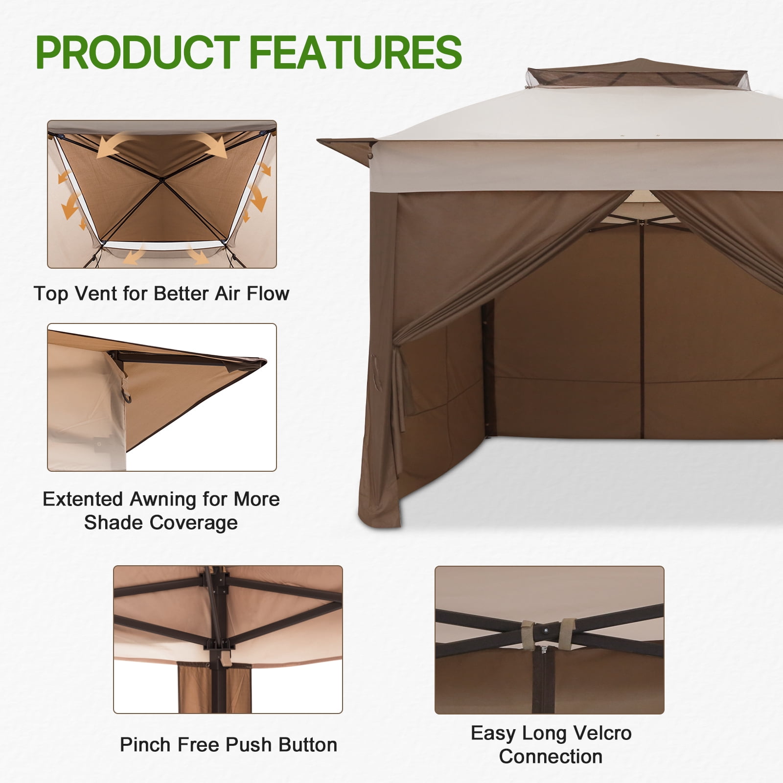 COOS BAY 11x11 Pop-up Instant Gazebo Tent with 4 Sidewalls Outdoor Canopy Shelter,Beige
