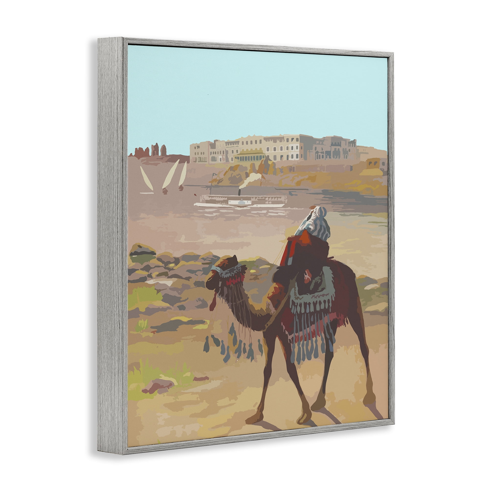 Stupell Industries Camel in Desert Town Landscape Painting Gray Framed Art Print Wall Art, 11 x 14