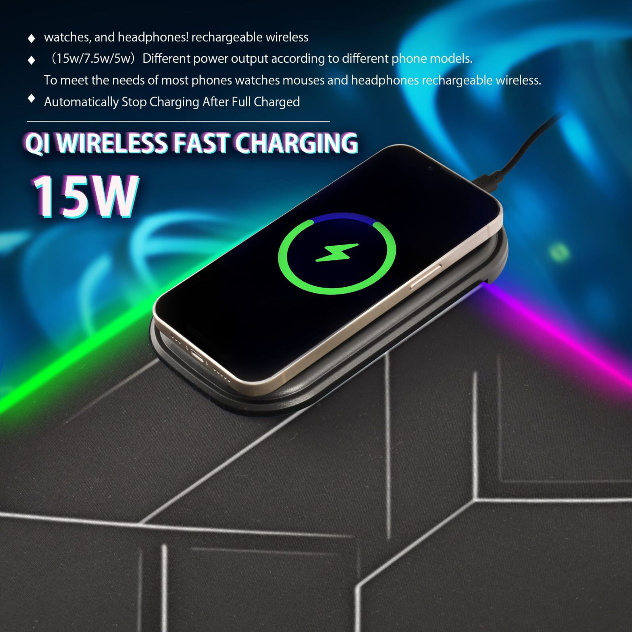 RGB Gaming Mouse Pad 15W Wireless Charging Large Waterproof Desk Mat 13 Light Modes Mousepad 35.4x15.7 Black Simple Geometric Lines