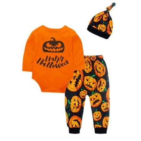 Baby Girls Boys Christmas Halloween Outfit Clothes Letter Pumpkin Print Crawl Suit Kids Fancy Dress for Children Cosplay 3pcs