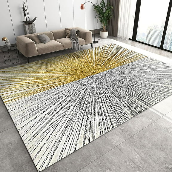 Area Rugs Abstract Gold Sunshine Silver Line Radiance Living Room Carpet, Gold Foil and Silver Wire Decoration Area Rugs, Soft for Office Bedroom Home Decor Mat 2'x3'