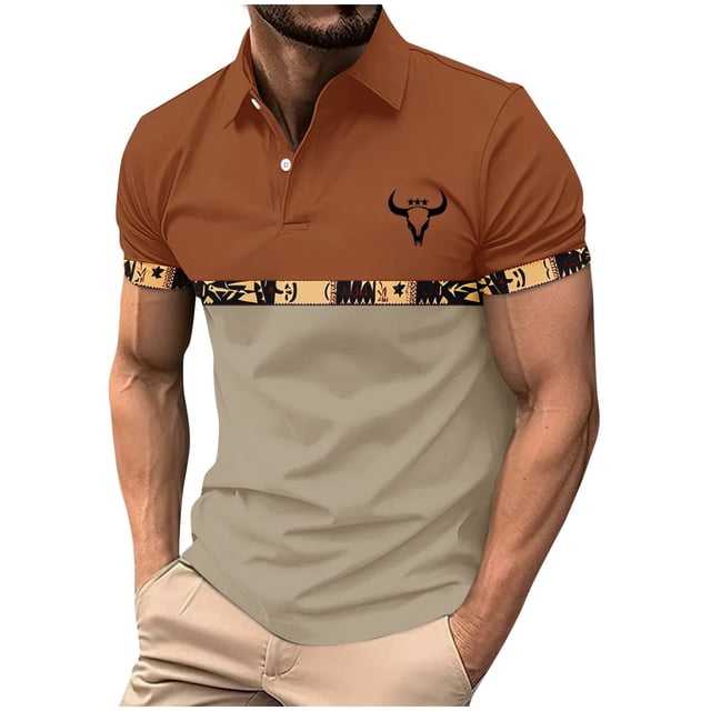 Retro Short Sleeve Shirts for Men Vintage West Cowboy Country Aztec Bull Print Stand Collar Button Tee Tops