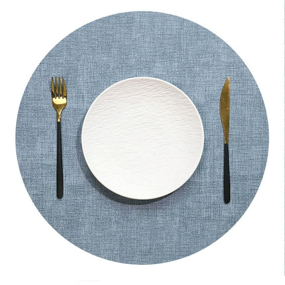 XmhyTop 6Pcs 13in Round PVC Faux Leather Placemats, Nordic Textured Table Mats, Waterproof Oil Proof Heat Resistant for Home & Hotel Use, Light Blue