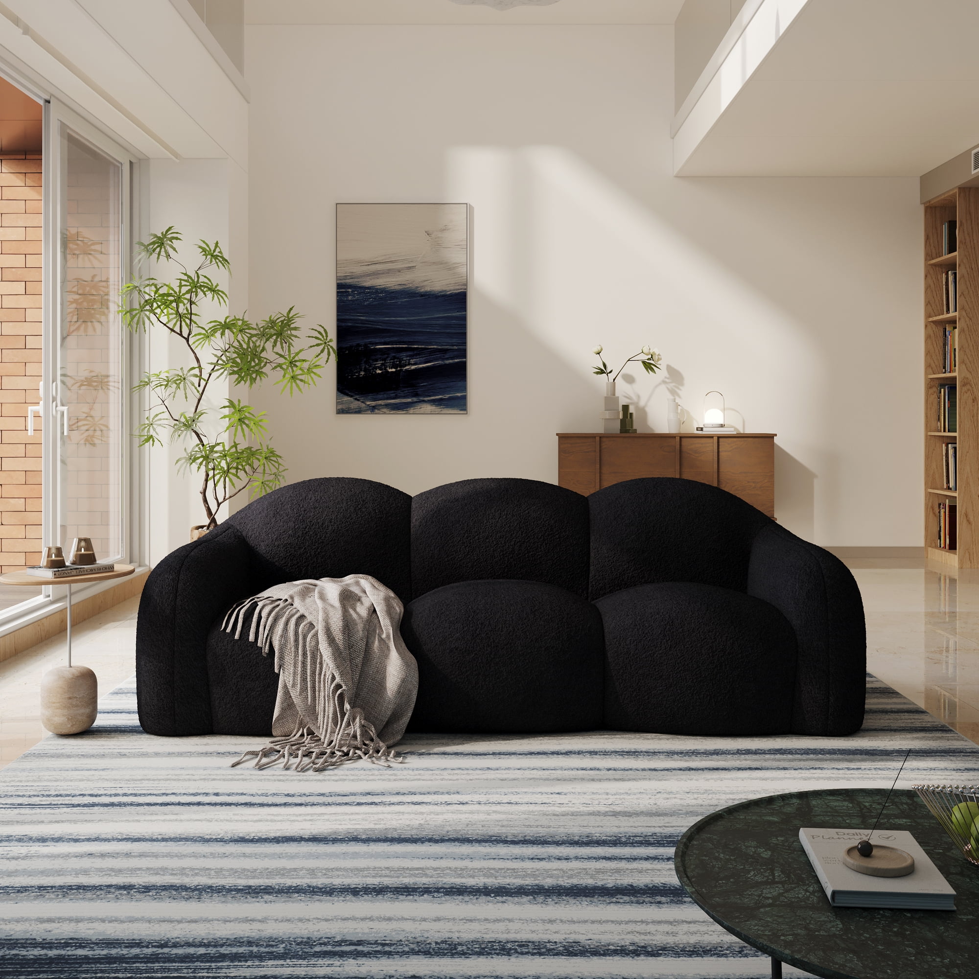 The Magic Home 90" Modern Cloud Couch for Living Room, Boucle LoveSeat 3 Seater Sofa, Plush Floor Sofa Couch for Bedroom, Apartment, Small Space (Black Couch, No Assembly Required)