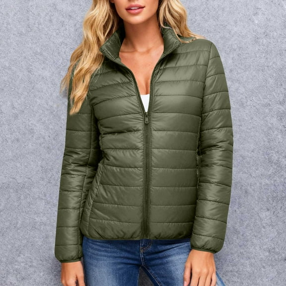 SDNall Women's Stand Collar Quilted Jacket, Lightweight Long Sleeve Zip Up Coat with Two Pockets for Casual Daily Wear
