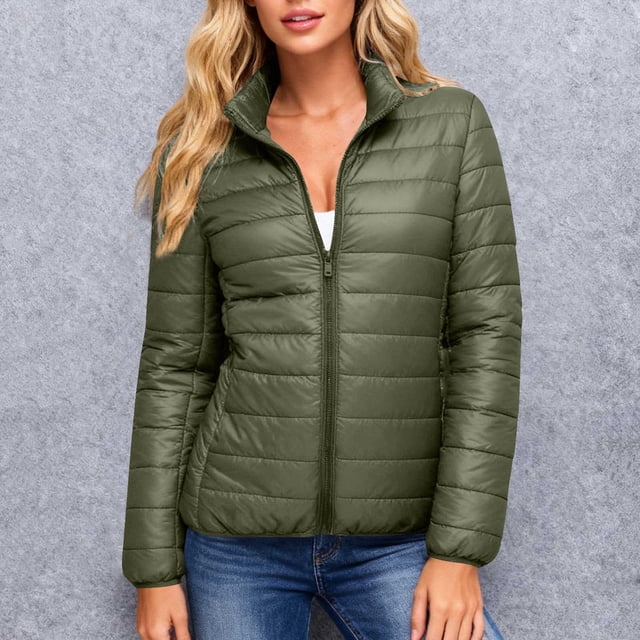 Fankiway Parka Décontractée à Manches Longues avec Col Montant à Double Poche et Fermeture Éclair pour Femmes Vert Armée TP