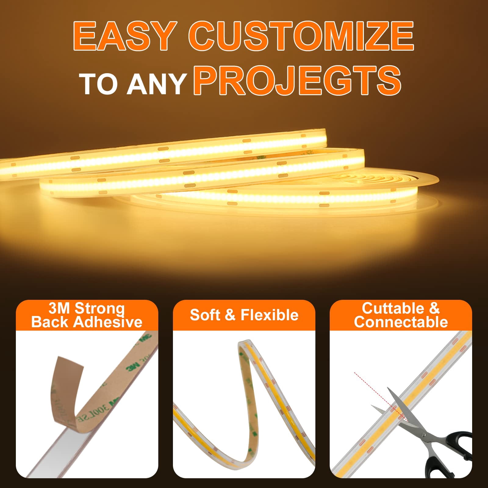 IP68 Waterproof COB LED Strip,16.4FT 12V 4000K 480LEDs/m COB Light Strip for Outdoor Bathroom Swimming Pool Decoration (Without Power Supply)
