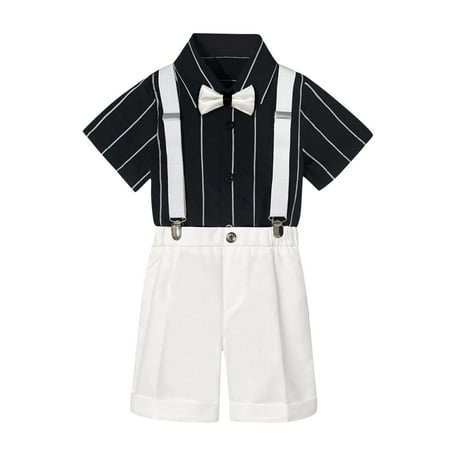

Toddler Outfits for Boys 2T-4T Kids Boys Summer British Style Short Sleeved Shirt Suspenders Shorts Bow Tie 4Pc Children Performance Costume Suit Suit Clothes b-White