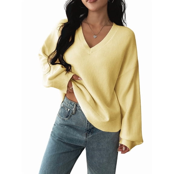 Women Fall Long Sleeve Sweater V Neck Tops Casual Light-Weight Knit Pullover Shirts Light Yellow S