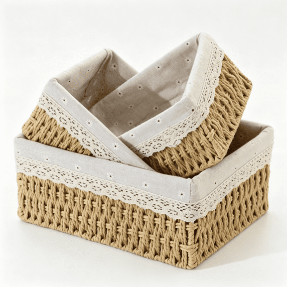 Small Wicker Storage Baskets for Organizing, Decorative Woven Baskets with Liners, Boho Paper Rope Rectangular Baskets Trays for Shelves (1PC, 18*12*9)