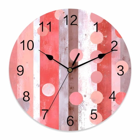 Wall Clock Red Polka Dots Clocks PVC Silent Non-Ticking Battery Operated Decorative Boho Vertical Stripes Round Clock for Home Living Room Kitchen Bedroom Office School Wall Decor 12 Inch