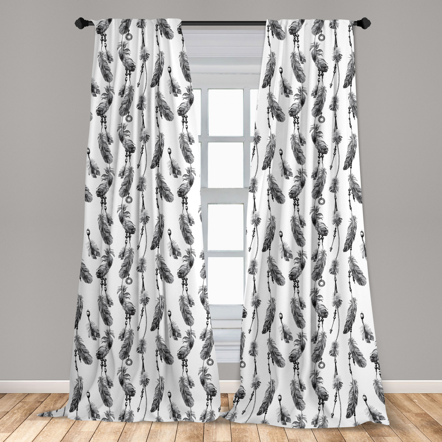 Tribal Curtains 2 Panels Set, Bohemian Feathers and Beads on Thread