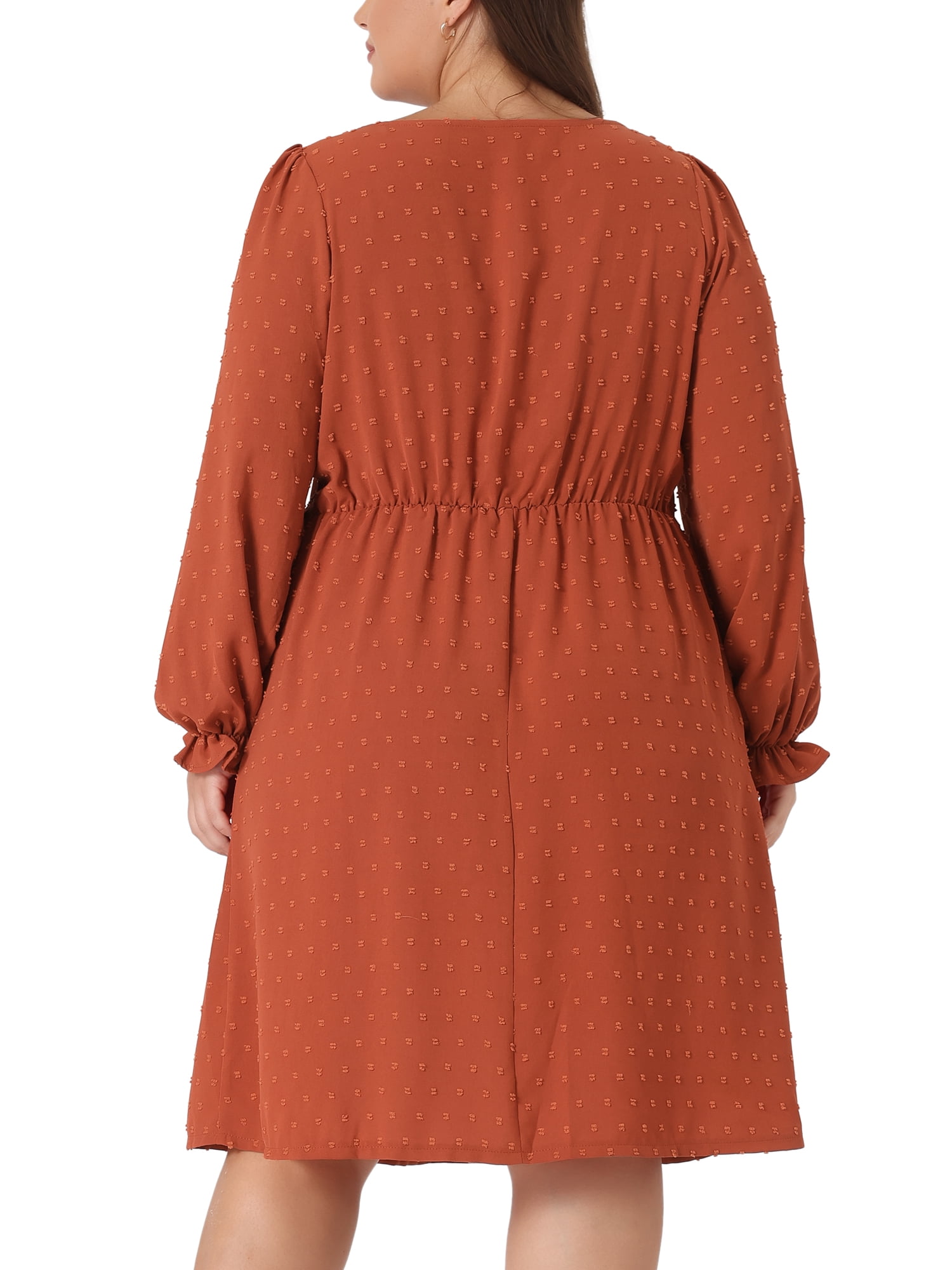 Unique Bargains Women's Plus Size Midi V Neck Tie Ruffle Babydoll Swiss Dots Boho Dress 4X Caramel