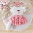 thumbnail image 2 of Kaprioy Baby Girl Outfit Girls Clothes Short Sleeved Fruit Printed Ruffle Sleeve Knitted Romper Bodysuit Short Solid Skirt Pants Suit Bow Headband Stockings Set, 2 of 7