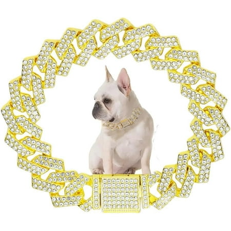 Wellsay Pink Dog Necklaces for Small Dogs  Diamond Rhinestone Bling Glitter Metal Choke Cuban Link Dog Collar  14mm Wide Pet Jewelry for Puppy Small Medium Large Dogs s  (12inch)