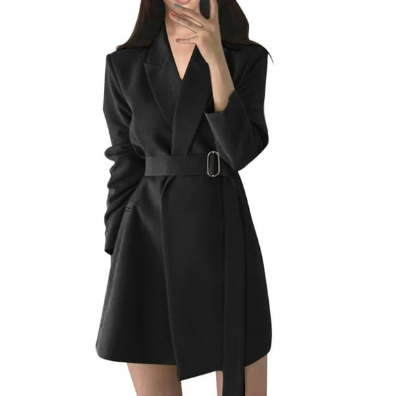 Baberdicy Lady Trench Coat Women's Tailored Collar Solid Color Relaxed and Casual Long Sleeved Mid Length Version Coat Trenchcoat Women's Black