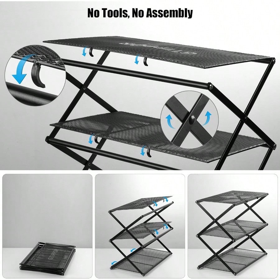Shoe Rack For Entryway 4 Tier Foldable Shoe Rack Without Assembly Collapsible Metal Shoe Organizer Folding Shoe Storage Rack For Door Living Room Black