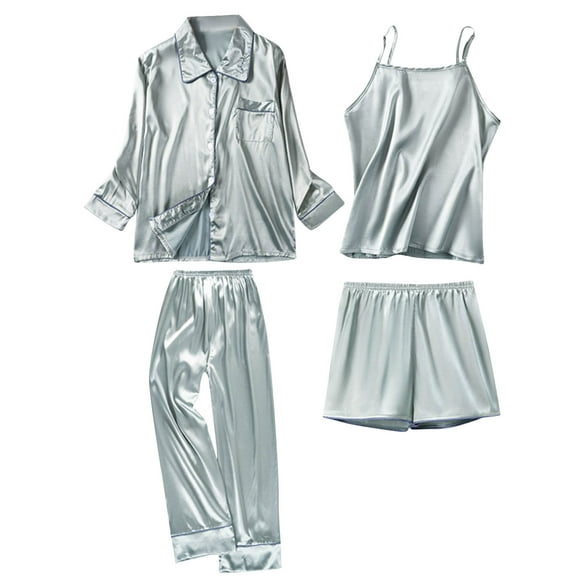 Bowake Womens 4 Piece Silk Satin Pajamas Sets Loungewear Button down Long Sleeve Sleepwear Cami Pjs Nightwear