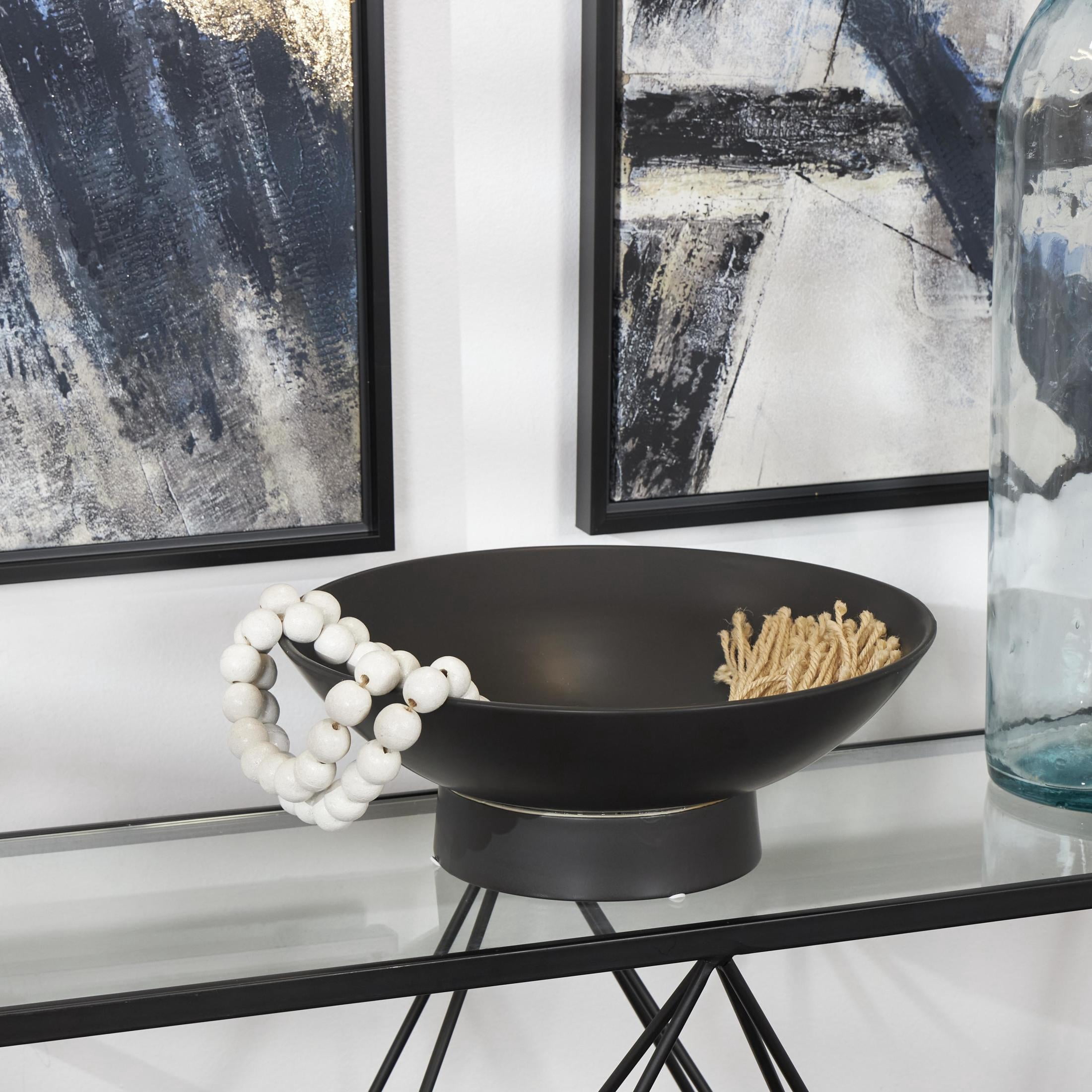 DecMode 16" Round Wide Black Ceramic Decorative Bowl with Elevated Base