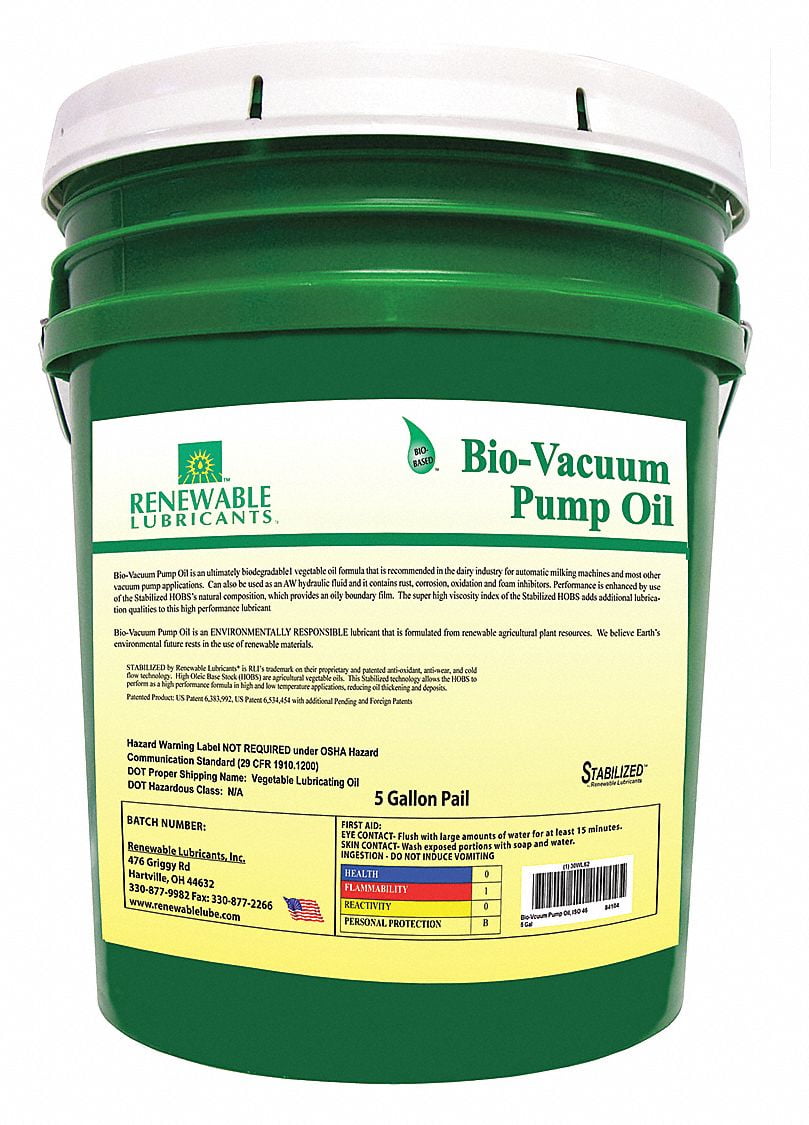 Renewable Lubricants Vacuum Pump Oil, 5 gal,Pail,10 SAE Grade 84104