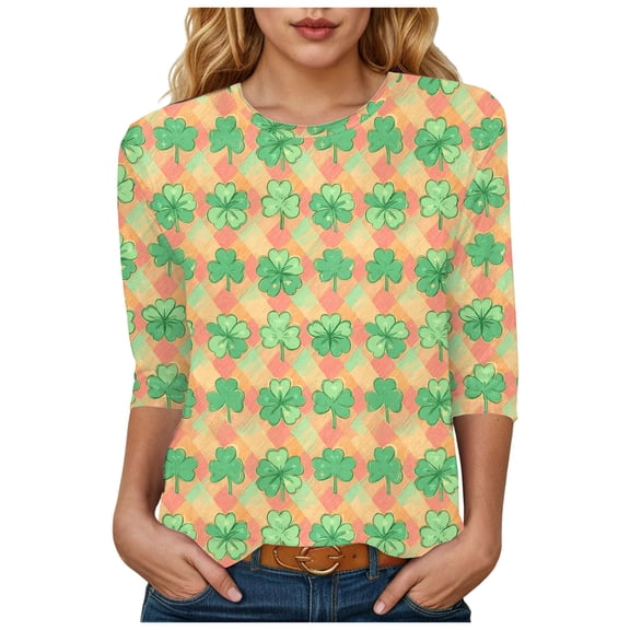 felwors St Patty's Day Shirt Women 2025 Casual Plus Size 3/4 Sleeve Irish Clover Shirts Funny Saint Patrick's Tunic Tops (Gold, L)