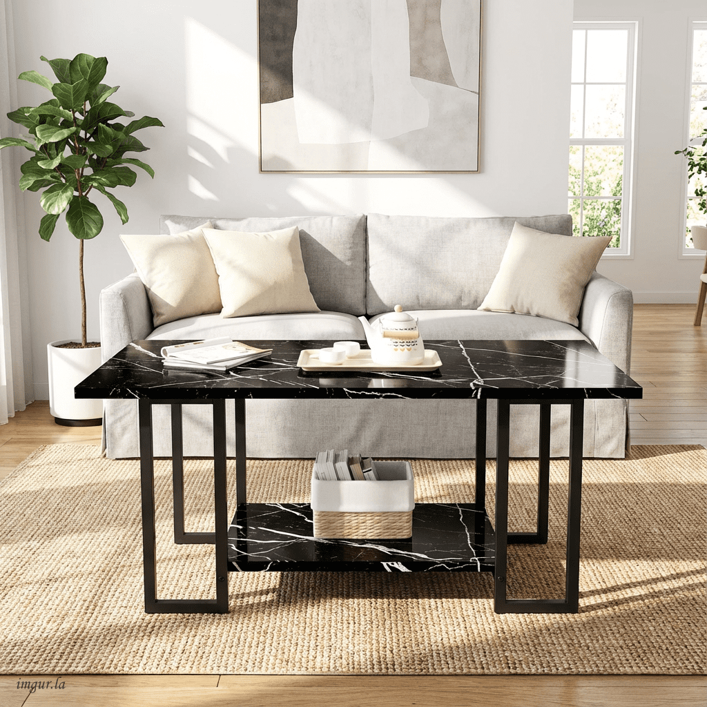 Baxluxe Living Room Coffee Table Tea Table Rectangle Coffee Table ,Faux Marble Sofa Table 2-Tier Storage Center Table,Table Modern Coffee Table,Small Cocktail Tables,Black