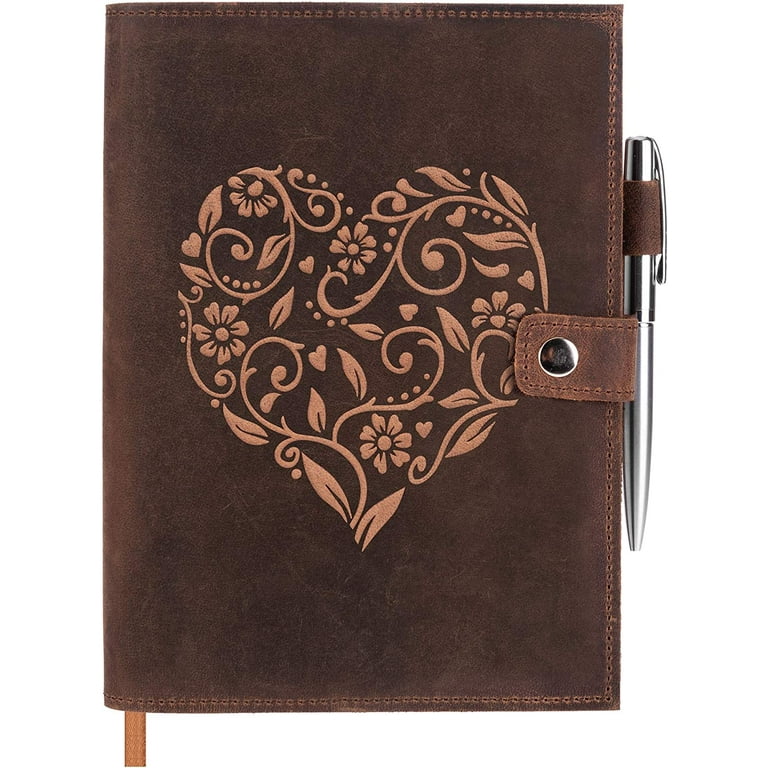 Leather Journal for Women - Vintage Leather Bound Journal - Antique Paper -  Beautiful Embossed Heart Leather Sketchbook- For Drawing, Sketching and
