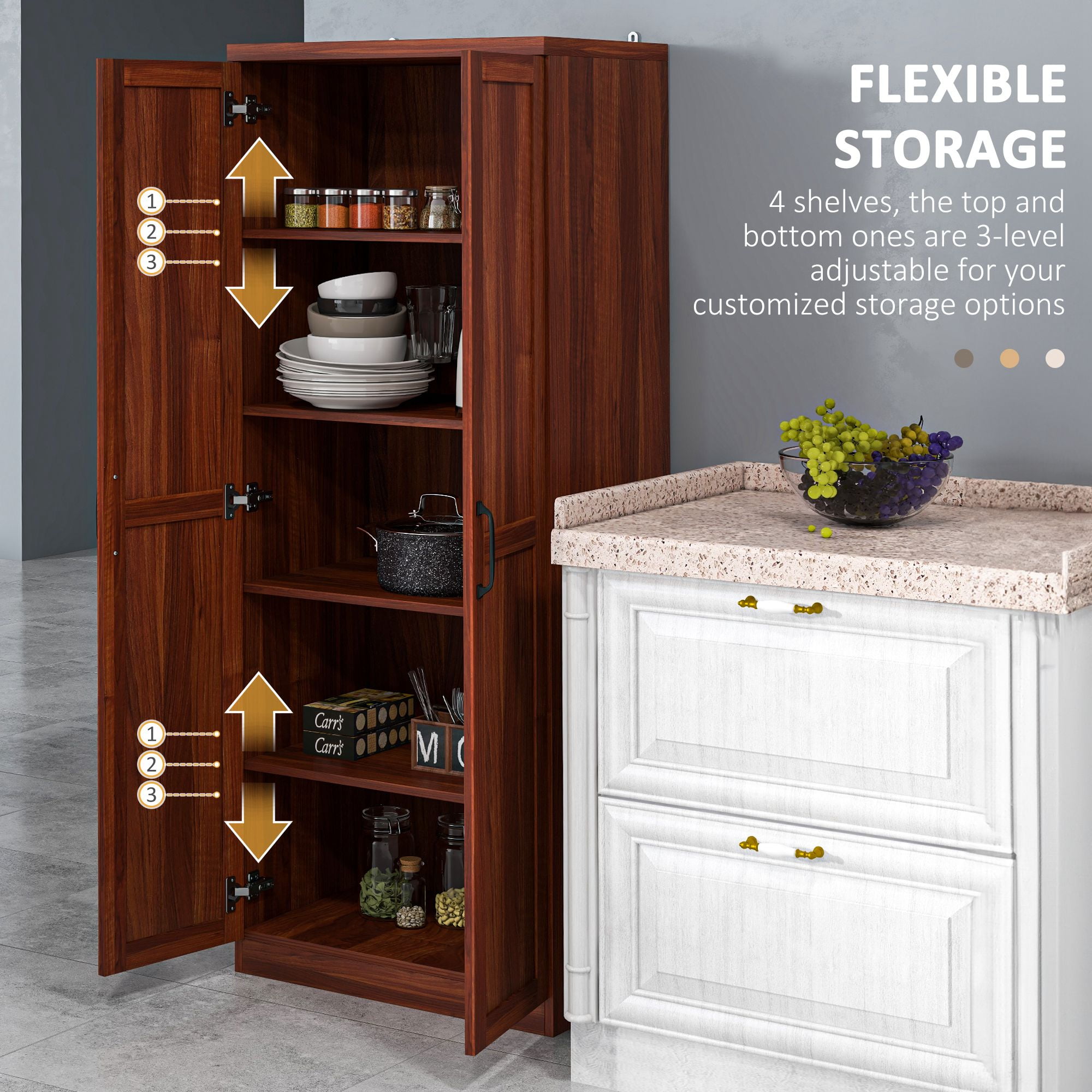 HOMCOM Kitchen Pantry, Freestanding 5-tier Storage Cabinet with 2 Adjustable Shelves for Dining Room, Living Room, Tan