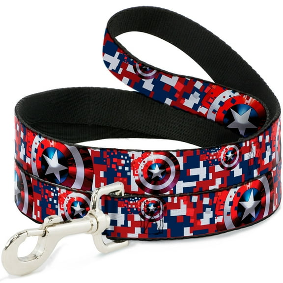 Marvel Comics Pet Leash, Dog Leash, Captain America Shield Digital Camo Blue White Red, 4 Feet Long 0.5 Inch Wide