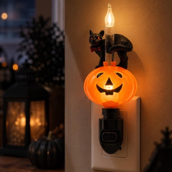 Vintage Halloween Decor Plug‑in Bubble Night Light, Jack‑O‑Lantern Pumpkin & Black Cat Design, 120V Warm Glow Decorative Lamp for Indoor Home Entryway Halloween Party Decor