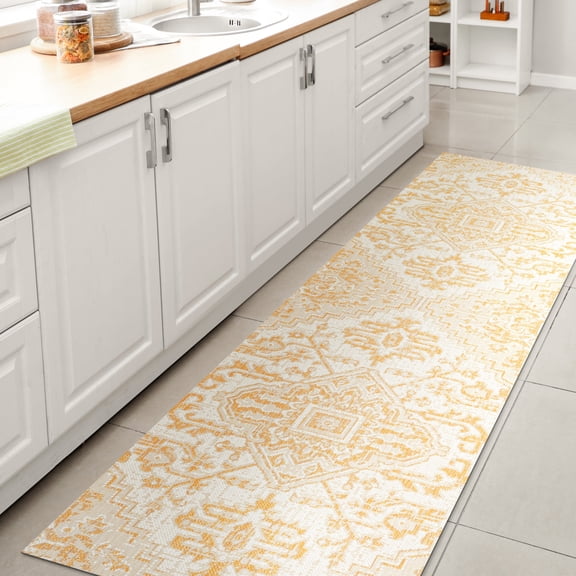 JONATHAN Y SANTA MONICA 2 x 10 Runner Rug, Estrella Bohemian Medallion Textured Weave - Cream/Yellow, SMB105H-210