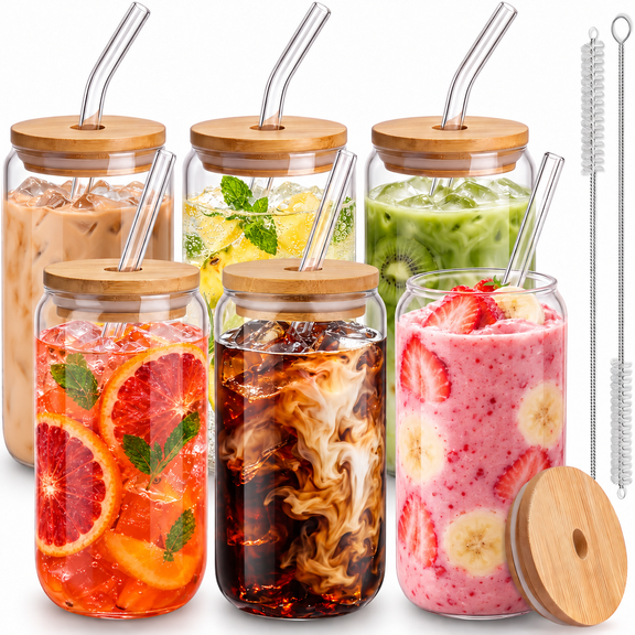 16 Oz Glass Cup with lid and glass straw. 6Pcs Can Drinking Glasses iced coffee, beer, fruit tea, soda water, and cocktails.