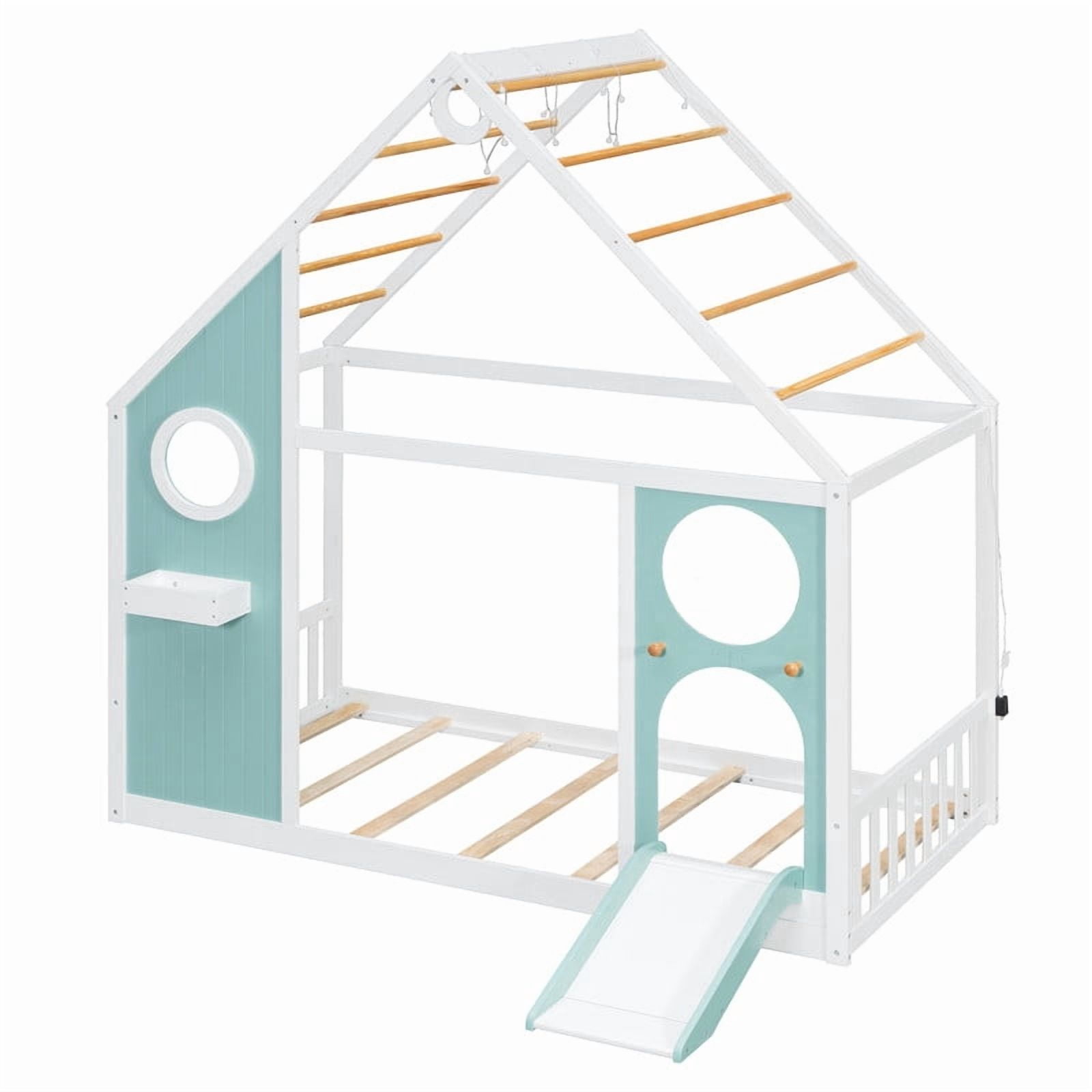 Twin Size Kids House Bed with Small Slide, Wooden Playhouse Floor Design Platform Bed Frame with Light Strip & Storage Shelf
