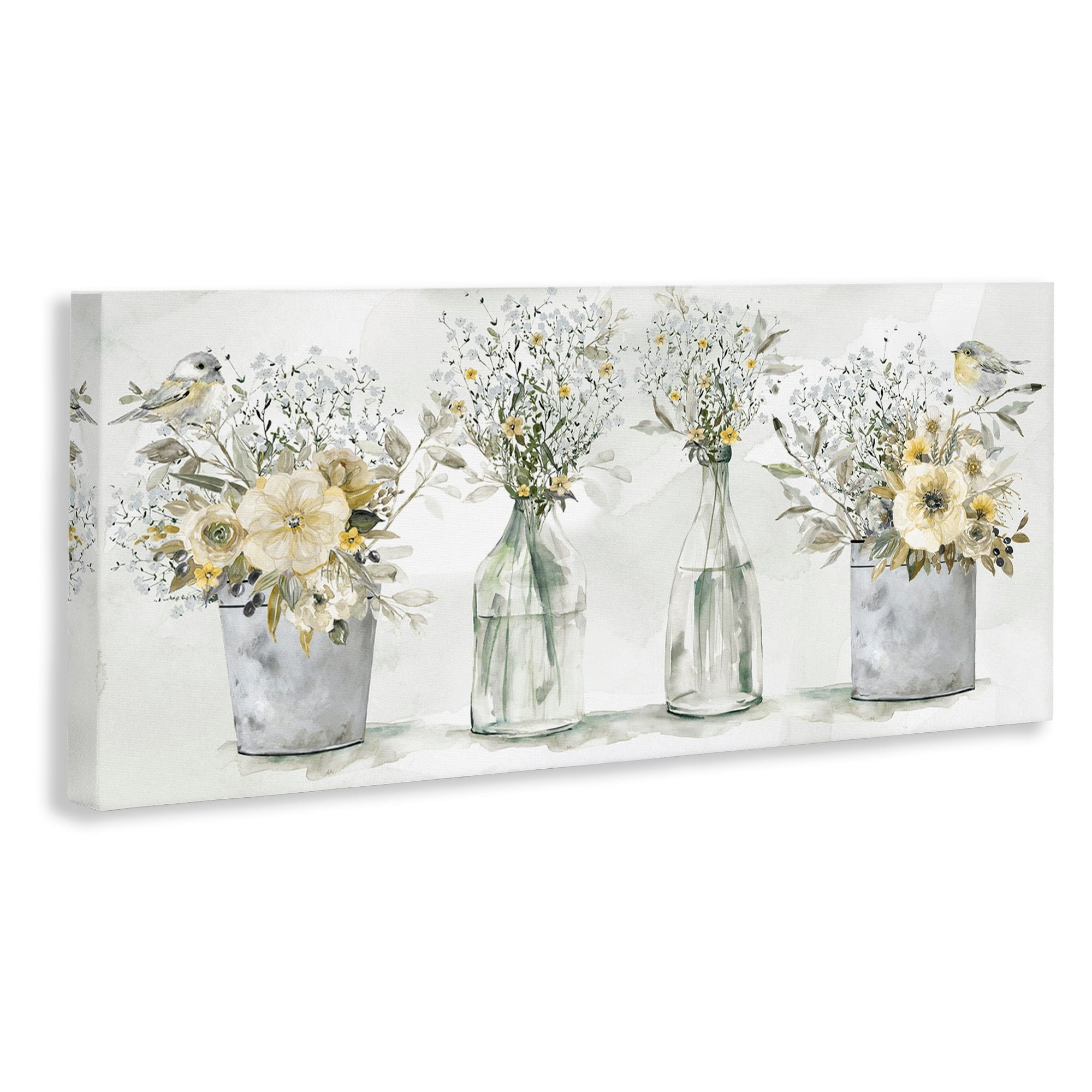 Stupell Industries Farmhouse Floral Bouquets Song Birds Rustic Vases, 40 x 17, Design by Carol Robinson