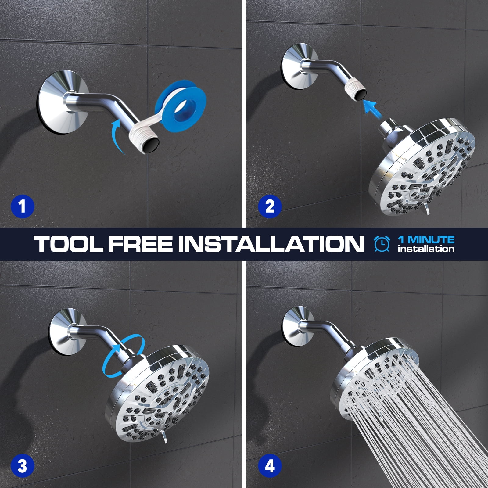 Cshidworld 8-Mode High Pressure Shower Head, Rain Fixed Showerhead with Adjustable Metal Swivel Ball Joint, Bathroom Rain Showerhead with Anti-Clogging Silicone Nozzles 5 Inch, Chrome Finish
