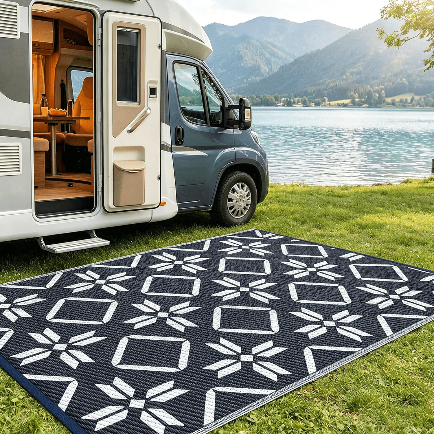 Kohree Outdoor Plastic Straw Rug 9'x12' ,Waterproof Mat with 4 Corner Loops Indoor Outdoor for RV, Camping, Deck ,Balcony(Blue)