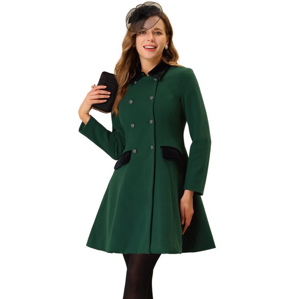Abrigo de invierno para mujer Allegra K con cuello de terciopelo y botones de un solo pecho color verde oscuro L