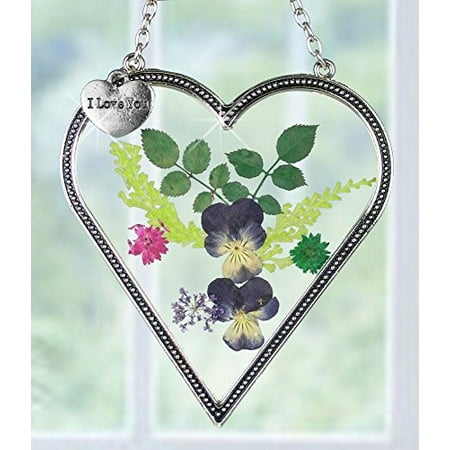 Flowers Suncatcher - I Love You Gift - Pressed Flowers Heart Suncatcher with I Love You Charm