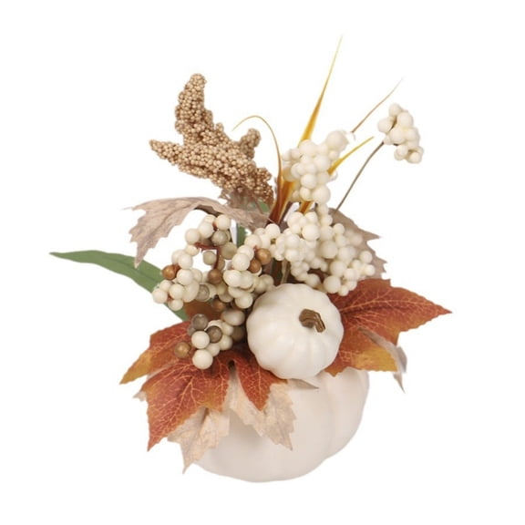 Artificial Pumpkin Fall Decor with White Maple Leaves and Berries, 4 Inch Fake Pumpkin Centerpiece for Thanksgiving Table, Autumn Harvest Home Decor Indoor and Outdoor