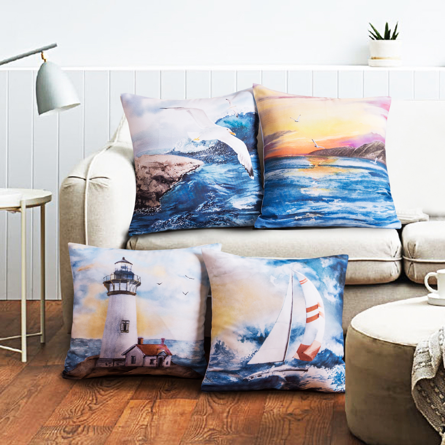 Phantoscope Ocean Series Decorative Throw Pillow Covers, Sky Blue Sailing, 18" x 18", Set of 4