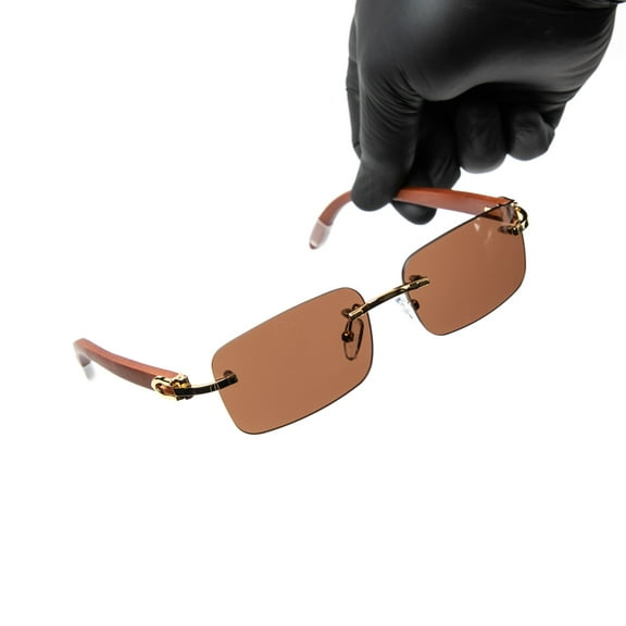 Men's Gold Frame Brown Tint Rimless Rectangular Hip Hop Woodgrain Sunglasses