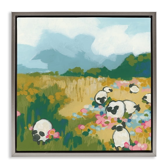 Stupell Industries Eclectic Abstract Sheep & Flowers Gray Floating Frame Canvas Art, 18 x 18, by June Erica Vess