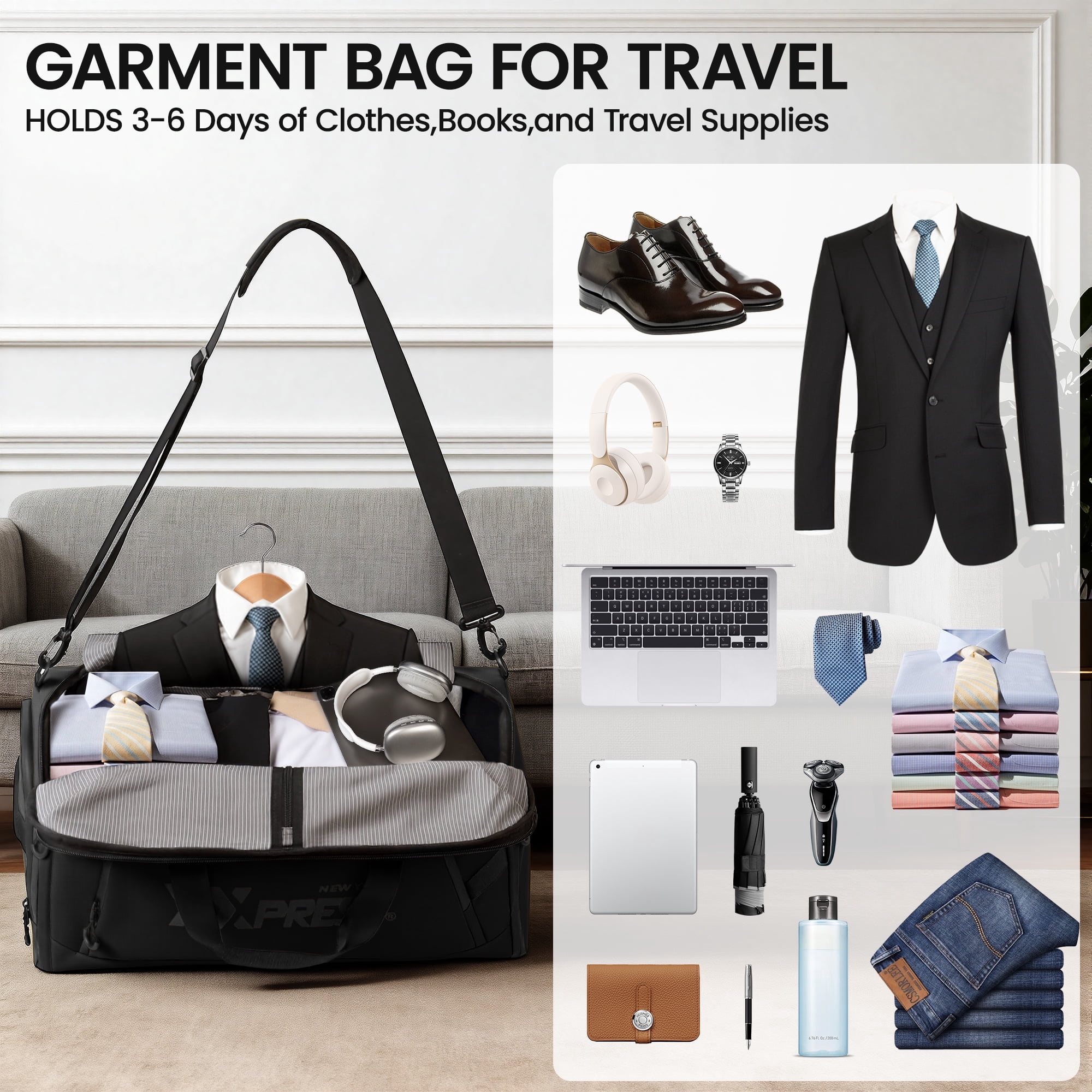 Convertible Garment Duffel Bag with Shoulder Strap, Foldable Duffle Bag for Men Women, 2-in-1 Hanging Suitcase Suit Travel Bag, Black - GB261