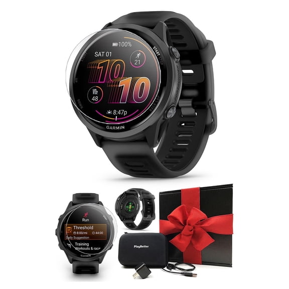 Garmin Forerunner 570 (47mm - Black/Black) Running GPS Smartwatch Gift Box Bundle with PlayBetter HD Screen Protectors, Wall Adapter & Hard Case