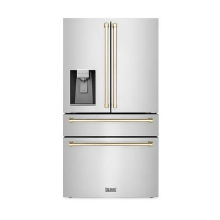 ZLINE 36" Autograph Edition 21.6 cu. ft Freestanding French Door Refrigerator with Water and Ice Dispenser in Fingerprint Resistant Stainless Steel with Gold Accents (RFMZ-36-G)