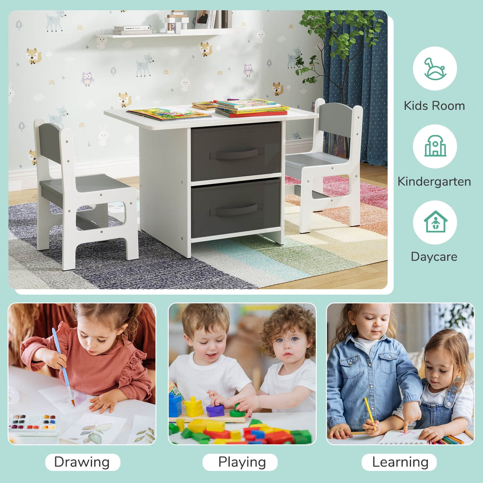 Costway Babyjoy Kids Art Play Wood 2-Piece Chair and Storage Activity Table Set, Grey/White