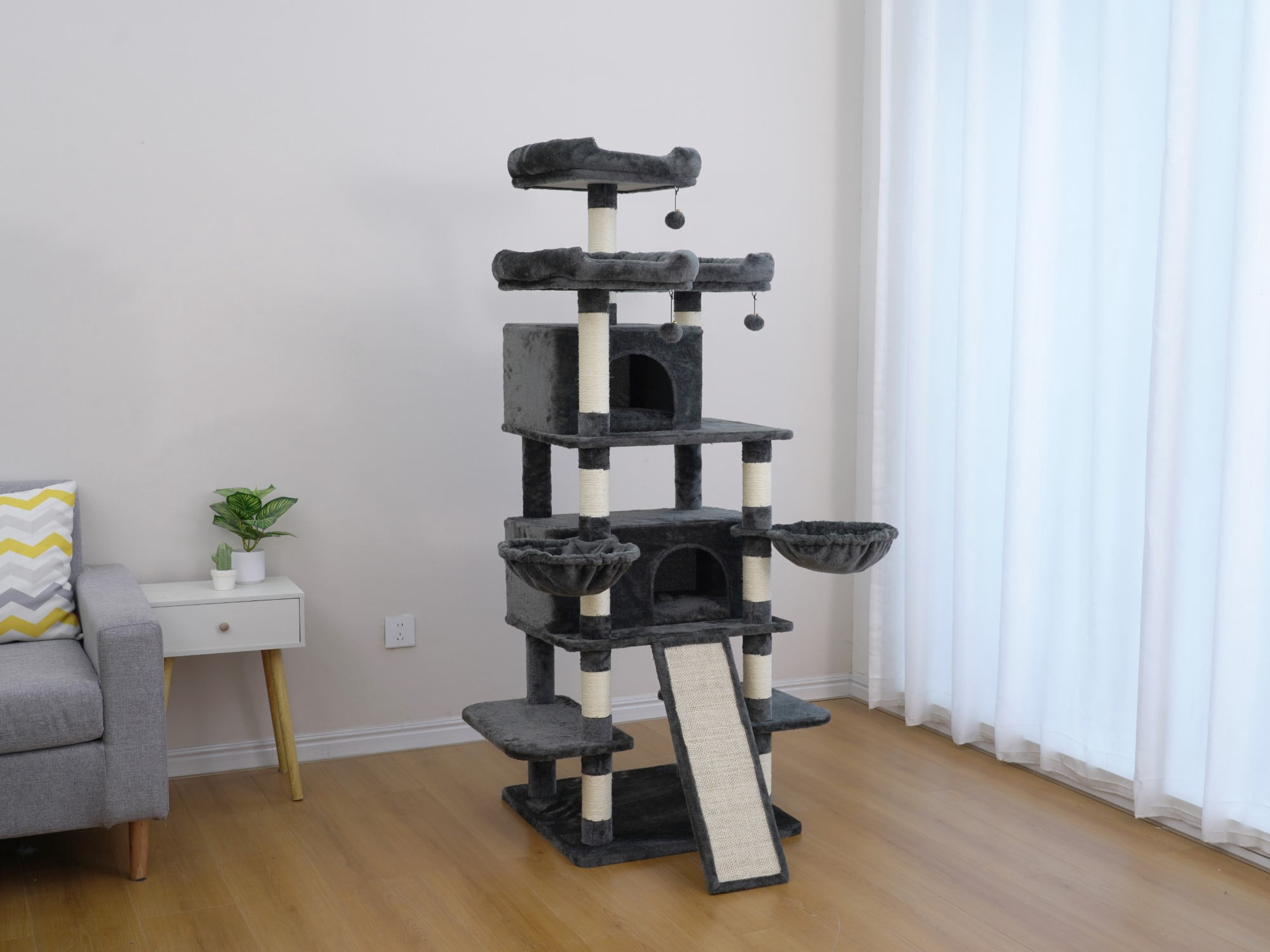 Vibrant Life Heavy Duty 8-Level 66" Cat Tree with Scratching Ramp, Two Condos and Hammocks, Dark Gray