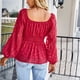 thumbnail image 5 of Camisas de manga larga abombada para mujer Escote elástico Cintura alta Línea A Dobladillo de múltiples capas Top elegante Rojo L, 5 of 7