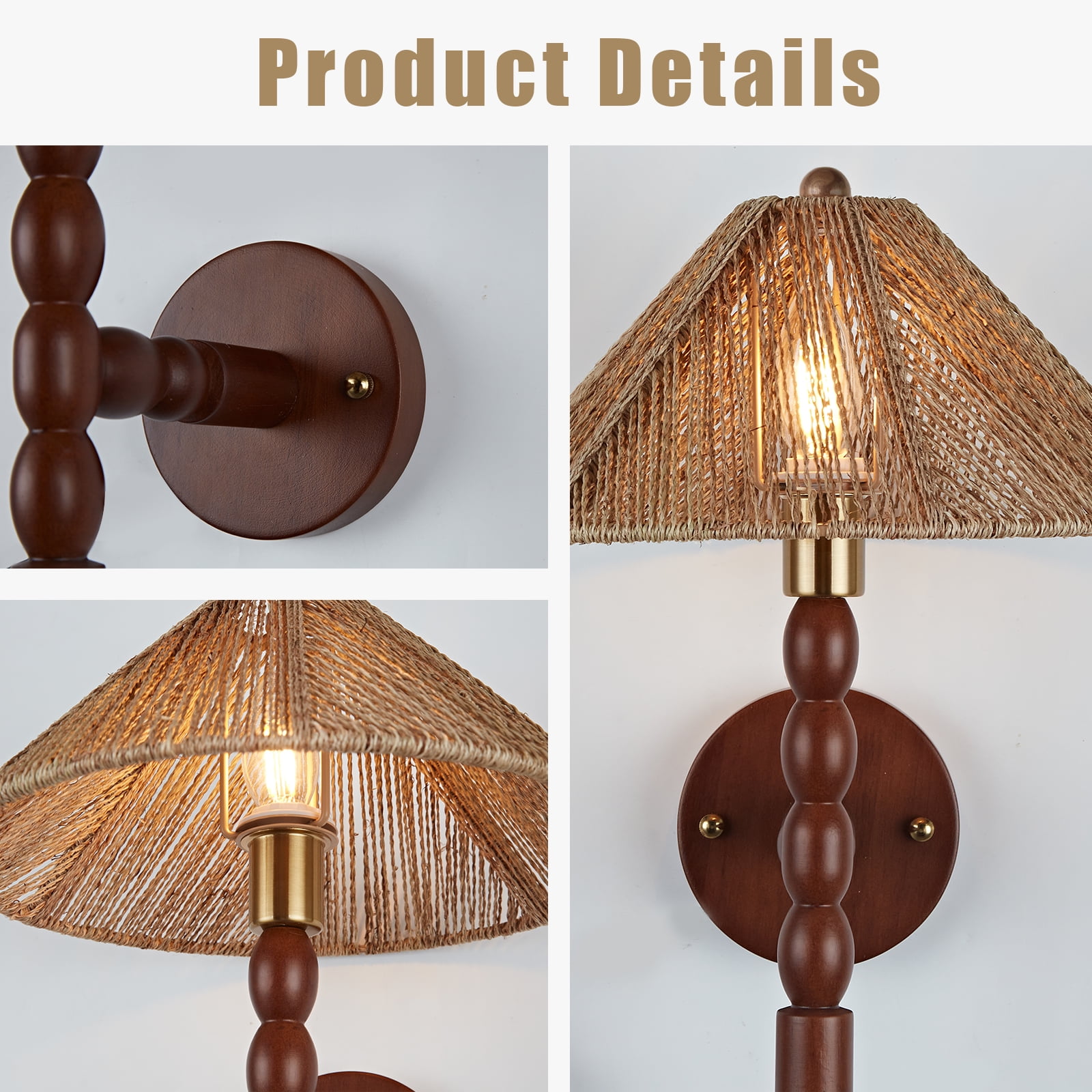 Vintage Beaded Arm Sconce Wall Lighting with Natural Renewable Jute Shade, Wall Sconce Hardwired Wall Lamp Fixture for Bedroom Bedside Hallway Living Room