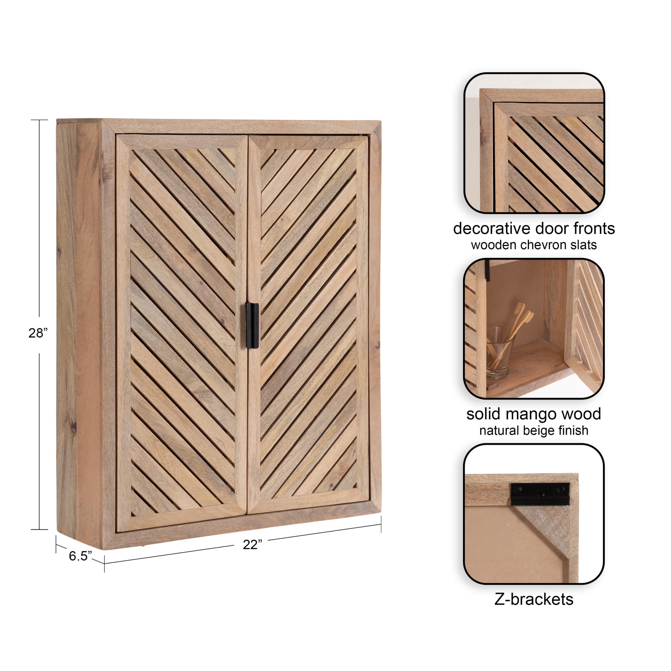 Kate and Laurel Mezzeta Decorative Modern Two-Door Floating Bathroom Cabinet, 22 x 7 x 28, Natural Wood, Decorative Solid Mango Wood Over the Toilet Storage Cabinet with Slatted Chevron Design